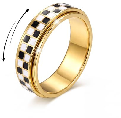 KRFY Anxiety Ring Stainless Steel Fidget Rings for Anxiety Women Men | Gold Silver Spinner Fidget Anti Stress Rings with Checkered Calm Thumb Ring Jewellery for Teens Girls Kids