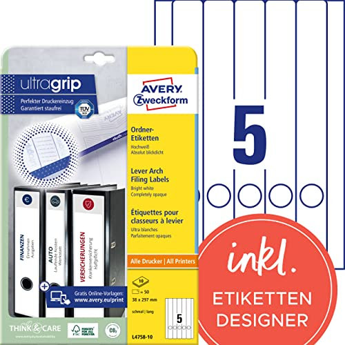 AVERY Zweckform L4758-10 Ordnerrücken Etiketten (50 Rückenschilder mit ultragrip, 38x297mm auf A4, schmal/lang, selbstklebend, absolut blickdicht, bedruckbare Ordneretiketten) 10 Blatt, weiß