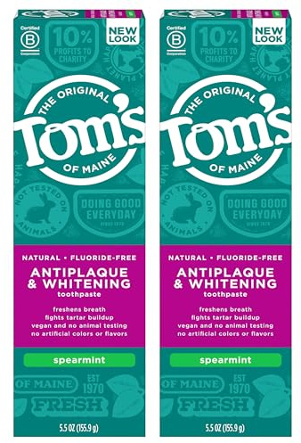 Tom's of Maine Antiplaque and Whitening Fluoride Free Toothpaste, Spearmint, 5.5 Ounce, 2 Count