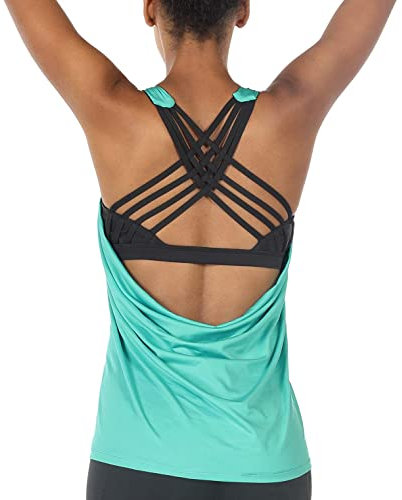 icyzone Damen Sport Tops mit Integriertem BH - 2 in 1 Yoga Gym Shirt Fitness Training Tanktop (M, Florida Keys)