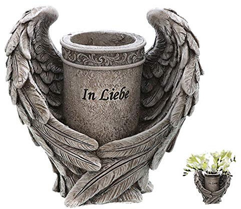 Besinnliche Grabdeko zur Erinnerung, frostfest und witterungsbeständig Grabschmuck - Grabfigur - Friedhof Deko Farbe Vase mit Flügel