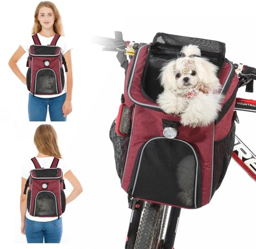 PETCUTE Cesta de Bicicleta para Perros,Plegable Cesta para Bicicleta Perros con Luz Desmontable,Multiusos Mochila para Mascotas con Bolsillos Laterales,Cintas Reflectantes,hasta 6KG