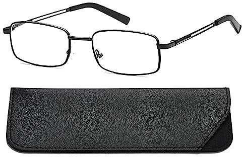 Hubeye Occhiali da Lettura Uomo Rettangolare In Metallo Cerniera A Molla Materiale In Acciaio Inox Occhiali Anti Luce Blu con la custodia in pelle 2.50