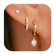 GUOKE Gold Pearl Earring Stacks - 14K Gold Plated Simple Dainty Huggie Pearl Earrings Trendy Jewelry Gift for Women, 3 Pairs
