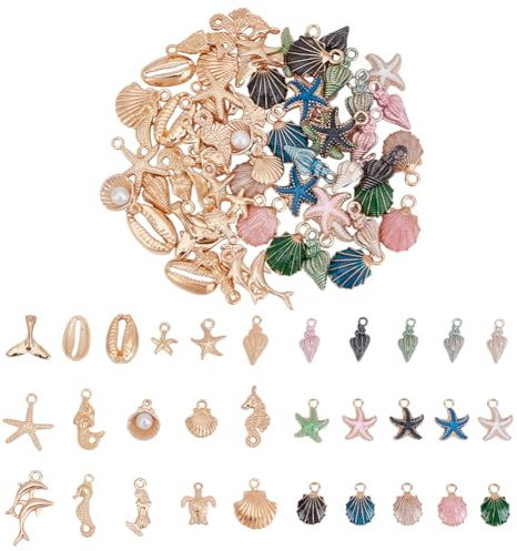 HOBBSAY 62Pcs Ocean Starfish Seashell Conch Charms Oceans Theme Charms Tibetan Colorful Enamel Sea Animal Pendants Handmade Nautical Ocean Shell Charm for Jewelry Making