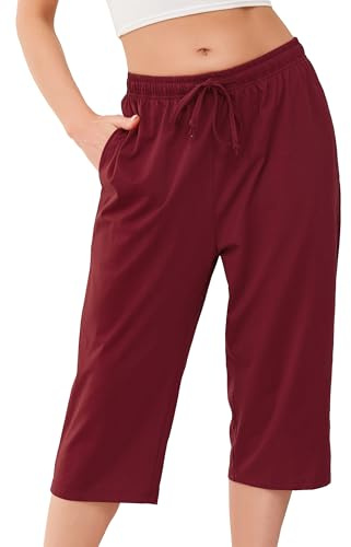 Vlazom Cotton Women's Pyjamas Bottoms Casual Capri Pants Short Ladies Lounge Pants with Pockets Drawstring Sleepwear, Wine Red, S