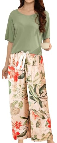 Pigiama a forma di pecora, set da due pezzi, maglietta e pantaloni larghi in seta, per donna in primavera, estate, kimono da donna, in seta corta, verde, 6XL