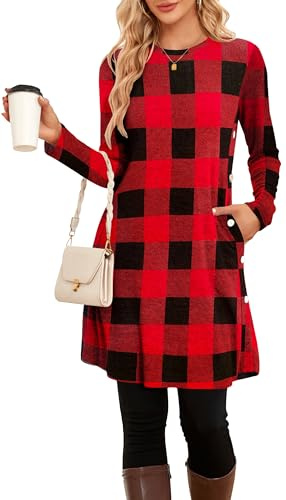 SENBATU Jumper Dress for Women UK Winter Autumn Swing Christmas Dresses for Women with Pockets X-Large Red Black Plaid