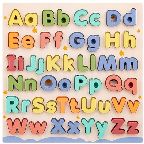 Giocattolo educativo dell'alfabeto – Giocattolo educativo in legno, lettere maiuscole, lettere minuscole, tabellone da gioco con lettere, blocchi per abilità motorie fini, asilo prescolare