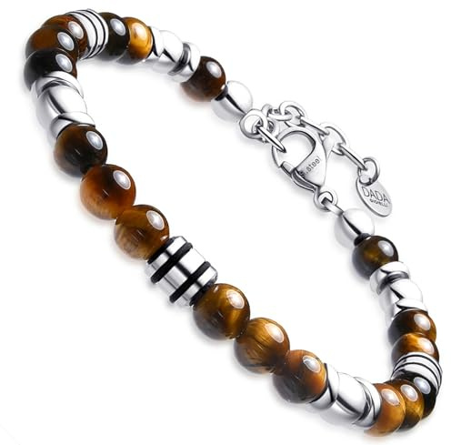 Dada Gioielli - Bracciale Uomo in Pietra Naturale 6mm, Onice, Sodalite, Occhio di Tigre, Ossidiana Nera, Diaspro Rosso, Turchese - Bracciale Molto Resistente (Occhio di Tigre)