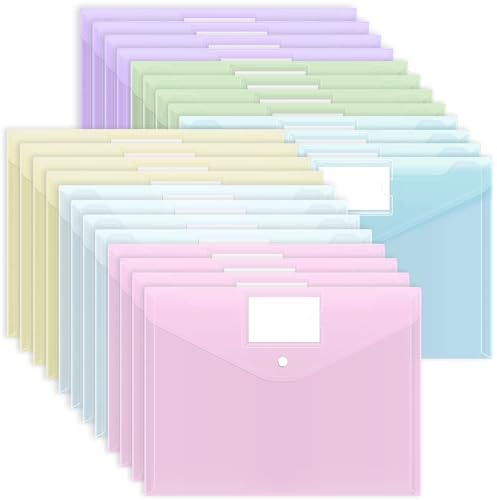 EOOUT 24 Pack Plastic Envelopes Plastic File Folders, Poly Folders with Snap Closure, A4 Size File Envelopes with Label Pocket for Documents School Office Supplies