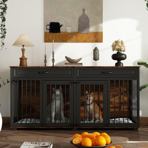 Gabbia per cani XXL, gabbia per cani con 2 cassetti e 2 ante, per la casa per cani di taglia grande/media, tavolino, cuccia interna per cani per la casa, colore nero, 164 x 60 x 80 cm, ferro