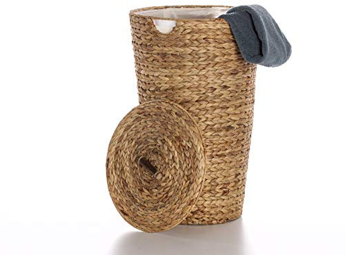 Casa Mina® Wäschekorb mit Deckel D40 x H65cm hoch I Atmungsaktiver Wäschekorb geflochten aus 100% Naturfaser I Robuster Wäschesammler mit Griffen & waschbarem Innensack I Wäschekörbe - Lombok