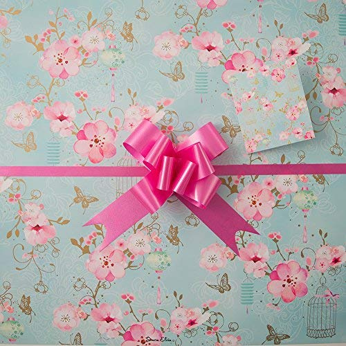 Pink Flowers on Green, Gift Wrap 2 Sheets 2 Tags and 2 Pull Bows