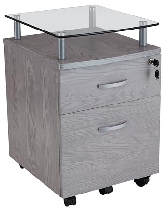 2-Drawer Rolling File Cabinet with Lock and Glass Top, Under Desk File Cabinet with Wheels, Printer Stand, Grey