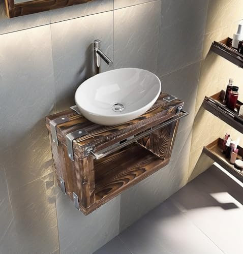 CHYRKA® Badmöbel Waschtisch BORYSLAW-Bad Waschbecken Hängeschrank Waschtischunterschrank Waschbecken-Unterschrank Metall Holz Loft Handmade (Natur, 60 x 28 cm H=40 cm)