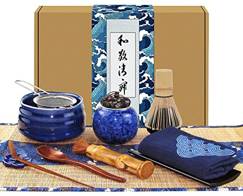 Artcome Juego de 12 piezas de té matcha japonés, cuenco matcha, batidor matcha, cepillo de bambú y pantalla de bambú, kit de ceremonia Matcha hecho a mano para ceremonia de té tradicional japonés