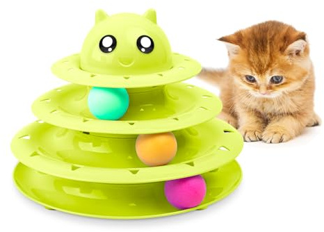 FurDreams Giocattolo interattivo a forma di torre a 3 livelli, con 3 palline di colore, 3 livelli, con palline da gioco per gatti, giocattolo puzzle per gatti per esercizi e stimolazioni