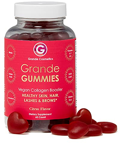 Grande Cosmetics Vegan Collagen Hair Vitamin Gummies with Biotin, Folic Acid & Vitamin C - for Healthier-Looking Hair, Skin, Lashes & Brows - Citrus Flavor (60 Gummies, 1-Month Supply)