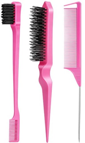 3 Pieces Hair Styling Comb Set Teasing Brush Rat Tail Comb Edge Brush for Edge&Back Brushing, Combing, Slicking Hair for Women (Pink)