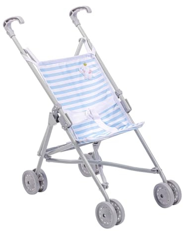 JC Toys Boutique | Folding Umbrella Doll Stroller for Children 2 Years Plus, Blue Stripes and Soft Embroidery | Sturdy Metal Frame | Pretend Play with Dolls up to 18” Long | Seat Belt
