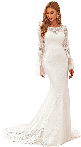 Ever-Pretty Women's Round Neck Lace Long Sleeves Fishtail Floor Length Elegant Mermaid Wedding Dress with Chapel Train White 12UK
