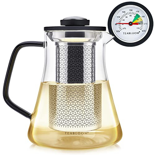 Teabloom 2-in-1 Tea Kettle and Tea Steeper - Glass Teapot with Thermometer and Stainless Steel Loose leaf Tea Infuser, No Whistle Kettles, Virtuoso 34-Ounce Tea Maker