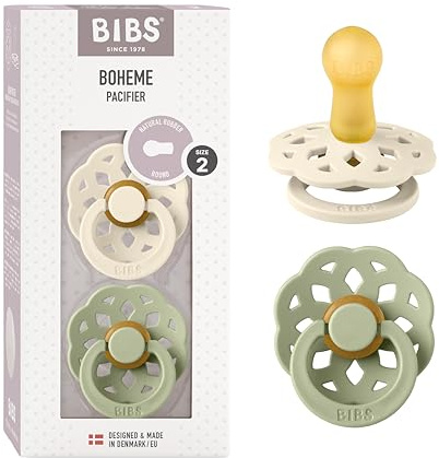 BIBS Boheme Soother 2-Pack. BPA Free, Round Nipple. Natural Rubber Latex, Made in Denmark. Size 2 (6-18 Months), Ivory/Sage