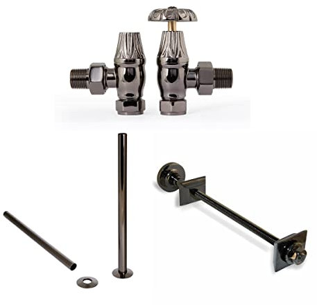 Castrads Chatsworth Angled Manual Ornate Radiator Valve Set | Black Nickel (Valve + 300mm Pipe Covers + 2 Wall Stays)