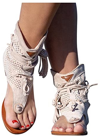 Riyueyi Chaussure Mode Sandale Plate Gladiateur Femme Bottes Romaines dété Tongs Plage Été Chaussures Mode Bottes Sandales Elégante Confortable RéTro BohèMe Gland Romaines,Beige,US6/EU37