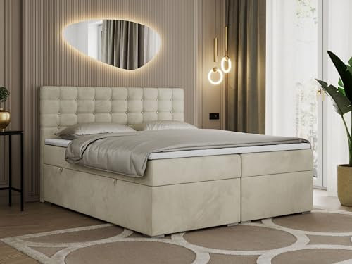 MKS MEBLE Boxspringbett 140x200 Beige Mit Bettkasten, Polsterbett Mit Multipocket-Matratze H3, Kopfteil Und Topper - H3 Beige Velvet - Susan