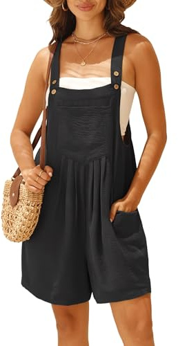 IWOLLENCE Short Dungarees For Women UK Adjustable Shoulder Straps Sleeveless Rompers with Front Pocket Maternity Jumpsuit (Black, L)