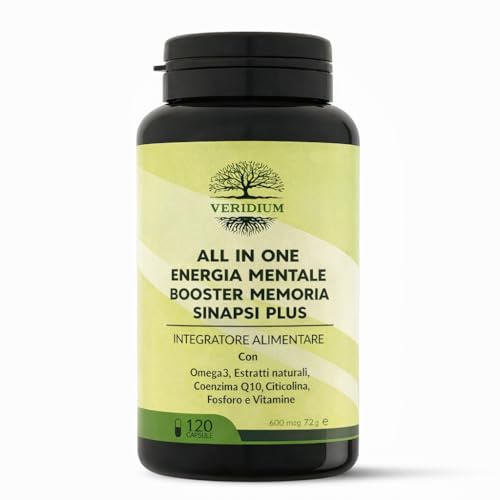 Veridium All In One Fosforo Memoria e Concentrazione con Citicolina Forte, Coenzima Q10, Omega 3, Ginseng e Bacopa Monnieri, Supporto Mentale Bambini e Adulti, Recupero Sinaptico Anti-Age, 120 Capsule