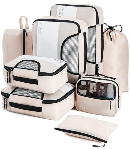 Koffer Organizer Set, 8 Teilige Packing Cubes, Kleidertaschen, Packtaschen Set für Urlaub und Reisen, Travel Packwürfel mit Kleidertaschen Schuhbeutel, Ordnungssystem für Koffer, Beige