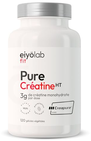 PURE CREATINE HT | 100% Creatine Monohydrate Creapure® | Créatine Micronisée | Pre Workout Musculation | Prise de Masse, Force et Résistance Musculaire | 120 Gélules Vegan | Eiyolab