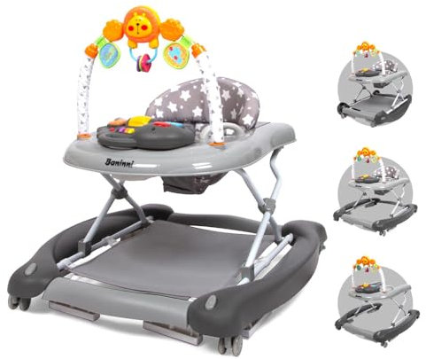 Baninni Maya Lauflernhilfe für Babys, 5-in-1, skalierbar, mit Musik und Licht, leise Räder, Schaukelmodus, ab 6 Monaten, Grau
