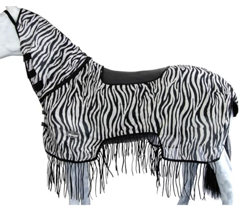 Marengos - Zebra Fliegenausreitdecke mit Fransen – Pferdedecke m. Sattelausschnitt & Halsteil – Schutz v. Insekten – feinmaschige Fliegendecke – Outdoorpferdedecke in Schwarz/Weiß – 145 cm