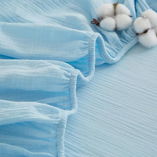 Gezu Spannbettlaken 200x200cm Baumwolle Blau Hellblau Betttuch Atmungsaktive Hypoallergen 100% Baumwolle Muslin Laken Bettlaken 200x200 Spannbettlaken Sommer Kühlend für Hohe Matratze bis15-30cm