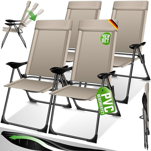 KESSER® 4er Set Gartenstuhl Hochlehner Alu Klappstuhl 7-Fach Verstellbar mit Armlehnen Atmungsaktiv klappbar Campingstuhl Balkonstuhl Klappsessel Garten Terrasse, Taupe
