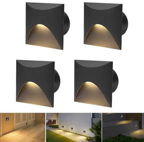 Arotelicht 4 unidades 3W LED Luz para escaleras Blanco cálido 3000K Aluminio Aplique de pared 230V Foco empotrable rectangular Resistente al agua Interior Exterior Negro Luz para escalones