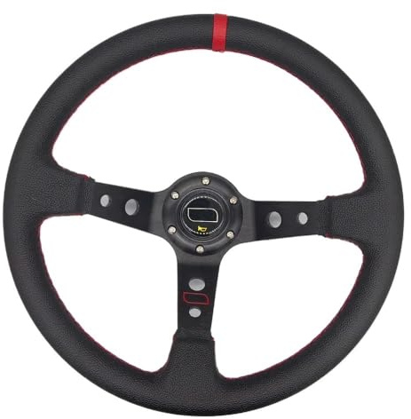 Volante Desplazado Coche, Volantes Deportivos Volante Deportivo Universal de 14 Pulgadas y 350 mm de PVC y PU for Carreras de Coches de Aluminio.(Leather-Black-Red)