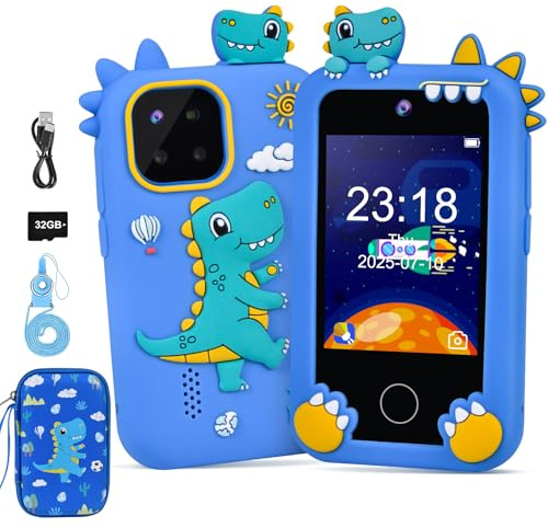 Elecoutek Teléfono de Juguete, Smartphone para Niñas 3-10 Años, 2.8 Dinosaurios Cumpleaños Juguetes con Pantalla Táctil, Educación móvil para niños (Azul)