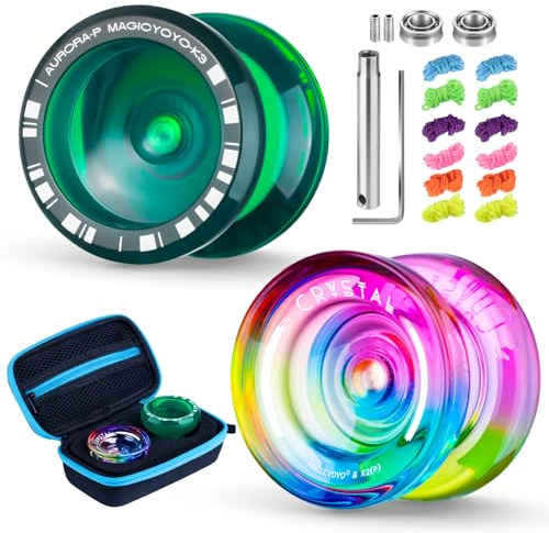 MAGICYOYO K3 + K2 Professional Yoyo Set - 2 Packs Responsive & Unresponsive Yoyos for Kids Beginners and Advanced, Pro Dual Yo-yos with 12 Strings, Gift Case, Bearing Kits ( K3 Green + K2 Gradient)