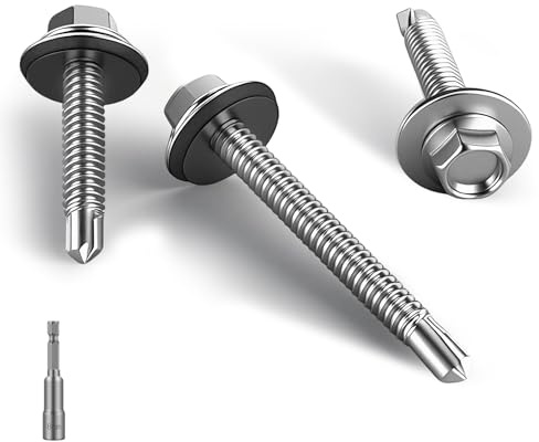 HAISHANG 50 Piezas Tornillos Autotaladrantes 4.8x25mm, Tornillos para Techos Autoperforantes de Cabeza Hexagonal con Arandela de Sellado para Tejado, Chapas Metálicas y Aluminio