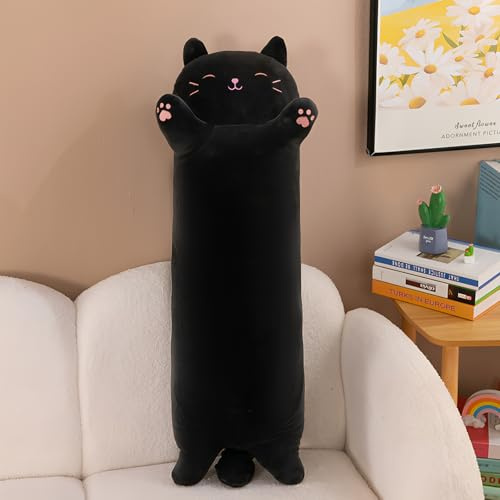 AMATOPDECO Long Cat Plush Pillows, Plushie Cute Kitty Stuffed Animal Hugging Plush Pillow Soft Toys for Women Gift (Black&Pink, 110cm/43.30inch)