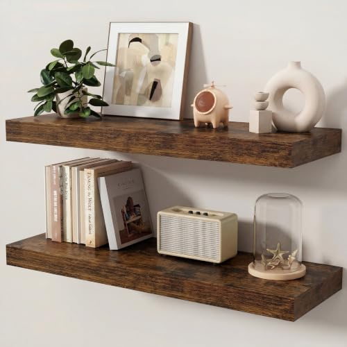 KovaScape Floating Shelves Set of 2, 80cm shelves for wall with Invisible Brackets, Heavy Duty Wooden Wall Mounted Shelf for Kitchen, Bathroom, Living Room, Bedroom