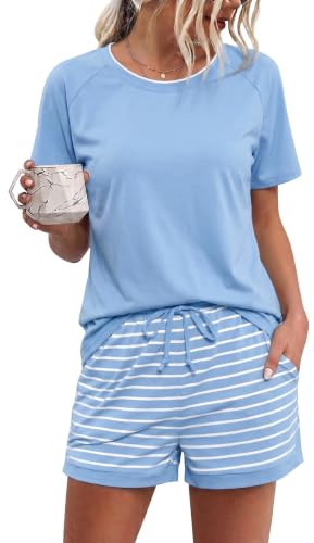 Litherday Pigiama Donna Estivo Girocollo Cotone Morbido 2 Pezzi Maglietta e Shorts Comodi con Tasche per Casa e Notte Azzurro M