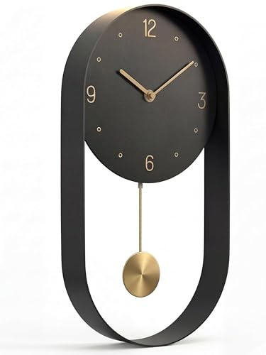 DECORAY Orologio da Parete Moderno con Pendolo Silenzioso – Design Minimalista Nero & Oro – Movimento Silenzioso, 2 Pendoli Inclusi – 40×20 cm – Per Soggiorno, Cucina, Ufficio