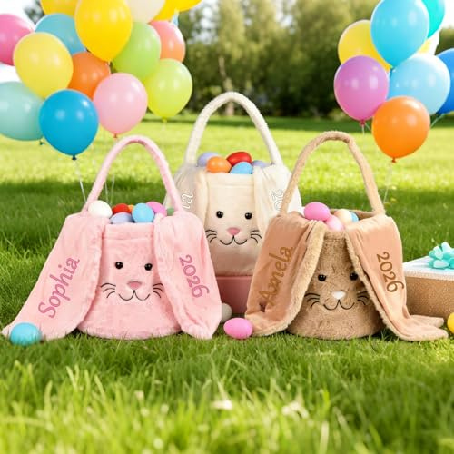Cestini Pasquali Personalizzati con Orecchie da Coniglio e Manico, Cestino Pasquale Personalizzato con Nome, Orecchie da Coniglio Ricamate e Nome Cestino per la Caccia Alle Uova di Pasqua per Bambini