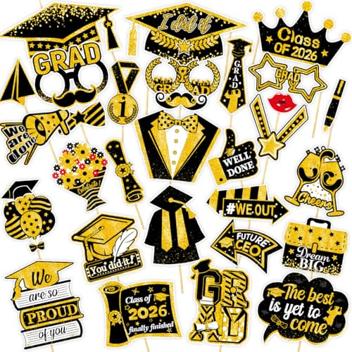 CAMOSE 30Pcs Graduation Photo Booth Props 2026, Black Gold Graduation Decorations, Class of 2026 Signs,Glitter Paper Photo Props for Graduation Party Supplies